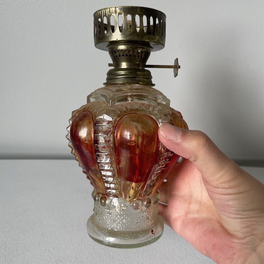 Vintage Antique Glass Oil Lamp Base Clear Red Brown Made in Hong Kong Glassware - Picture 3 of 10